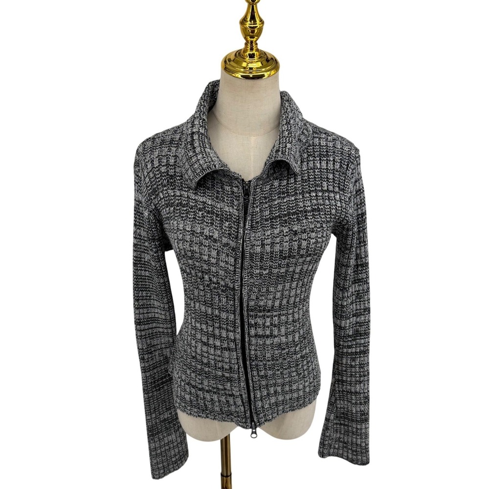 The Great American Sweater Y2K Full Zip Cardigan M Black White Marled Knit